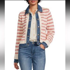 Mixed-Media Stripe Point Collar Long Sleeve Contrast Trim Button Front Jacket